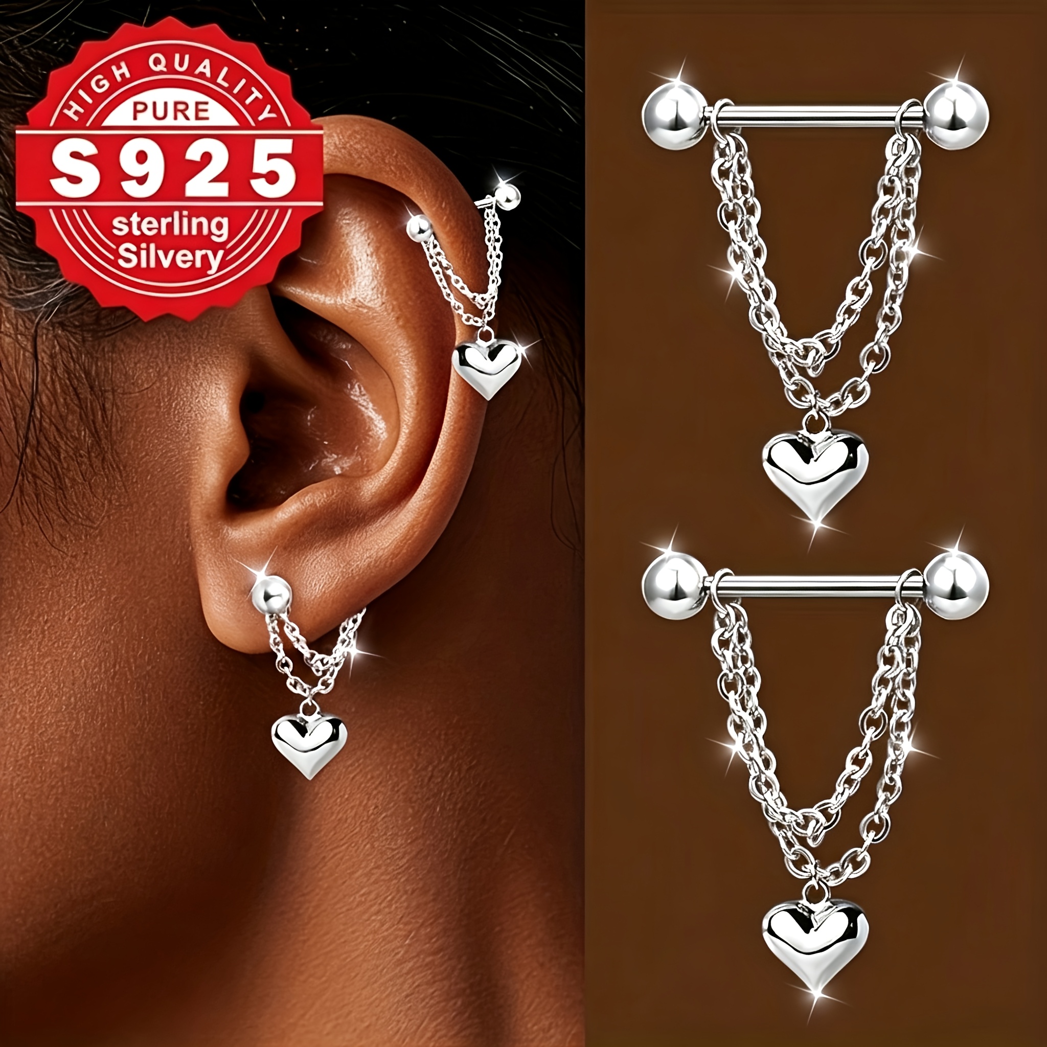 Women's S925 Silver Heart Design Stud Earrings, Cute & Sweet